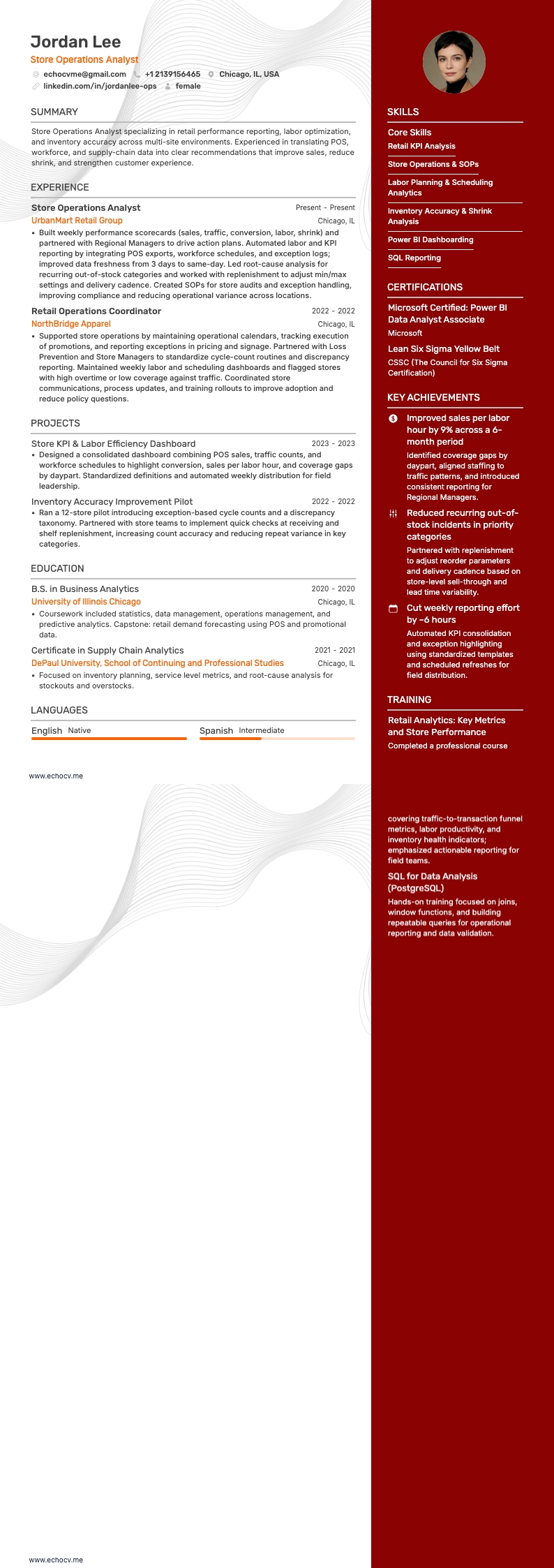 Store Operations Analyst example resume