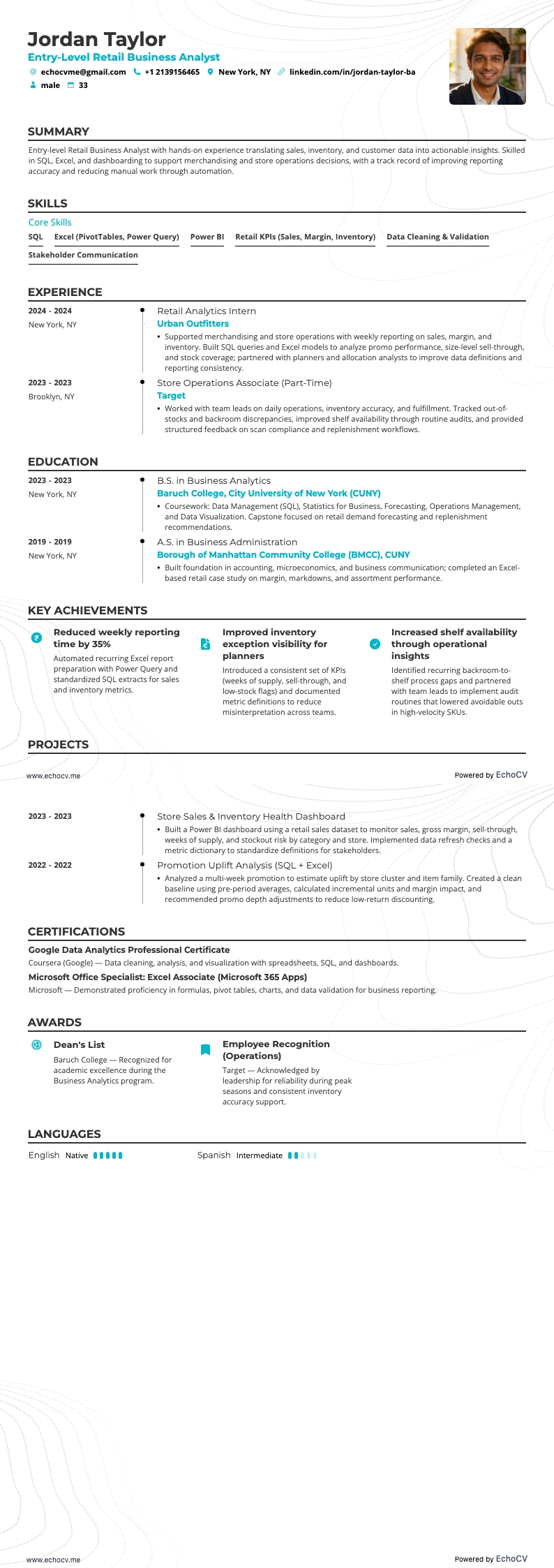 Entry-Level Retail Business Analyst example resume