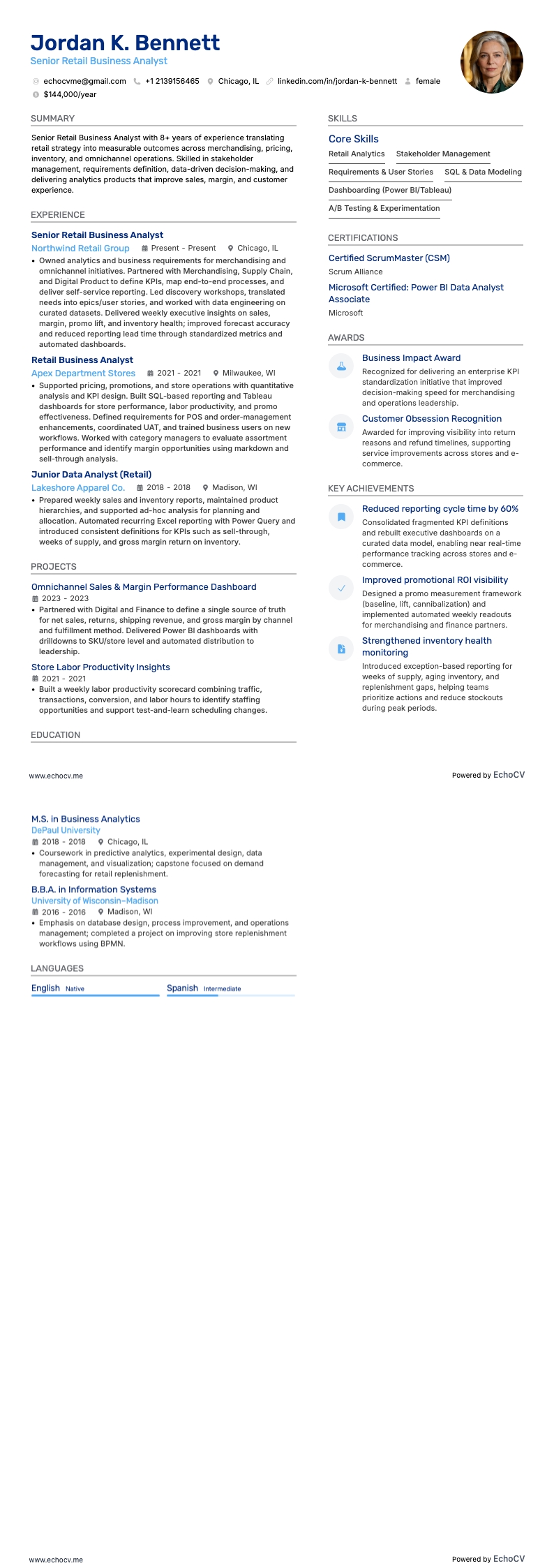 Senior Retail Business Analyst example resume