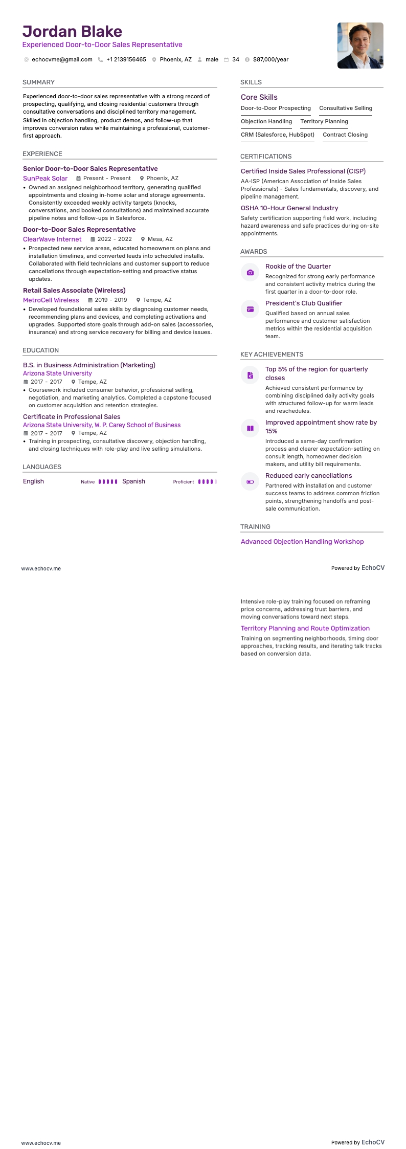 Experienced Door-to-Door Sales Representative example resume