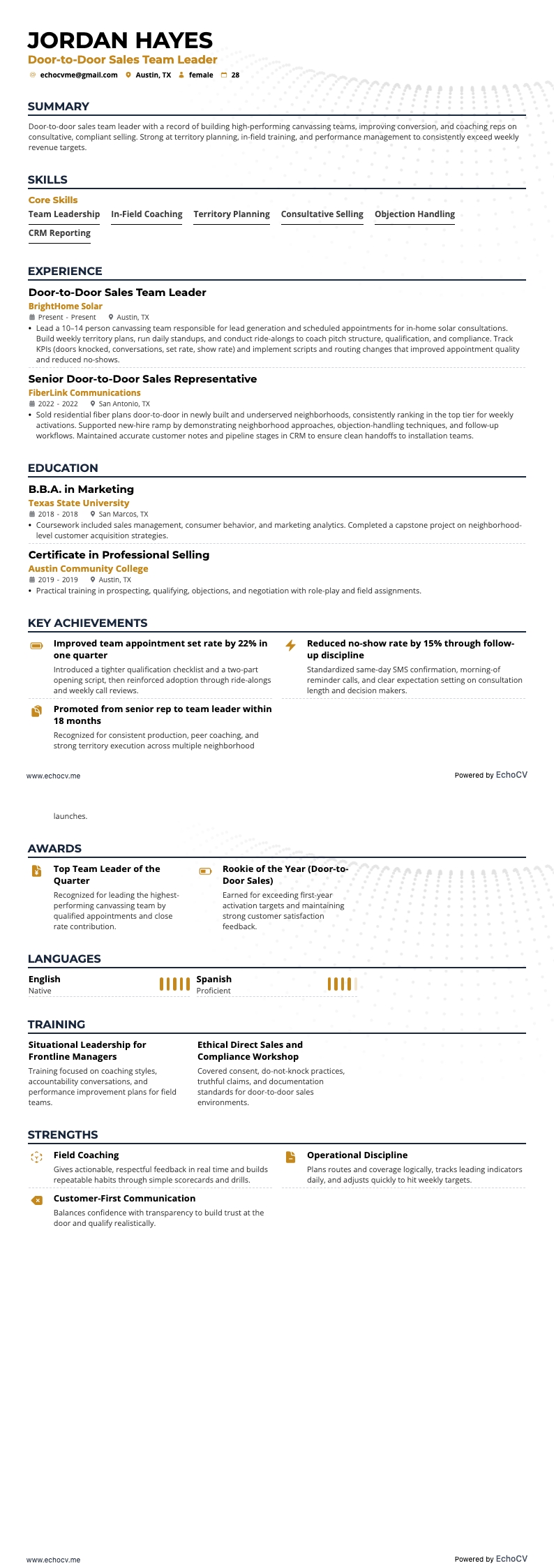 Door-to-Door Sales Team Leader example resume