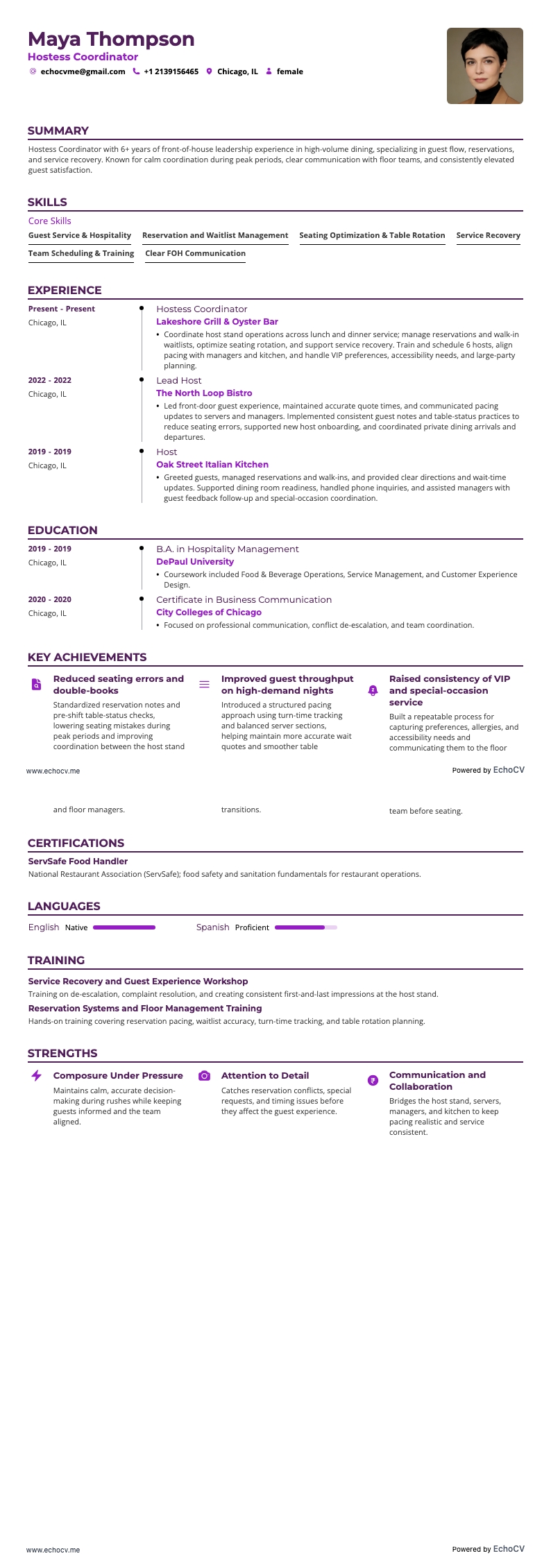 Hostess Coordinator example resume