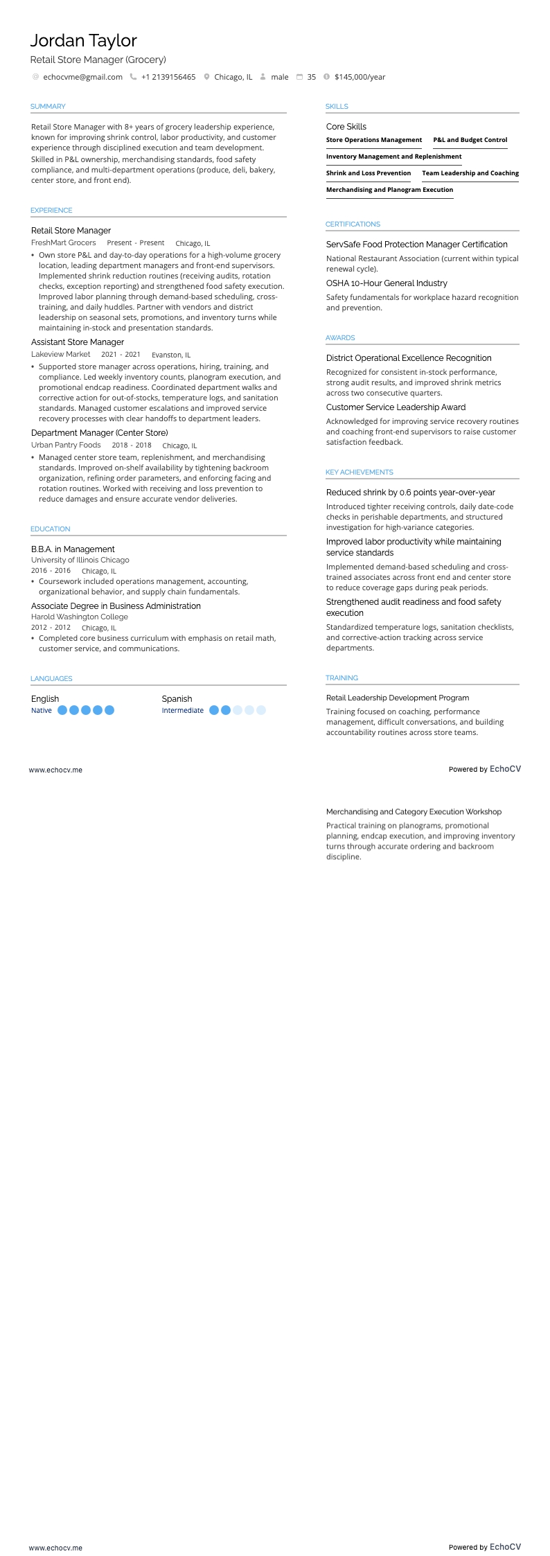 Retail Store Manager example resume