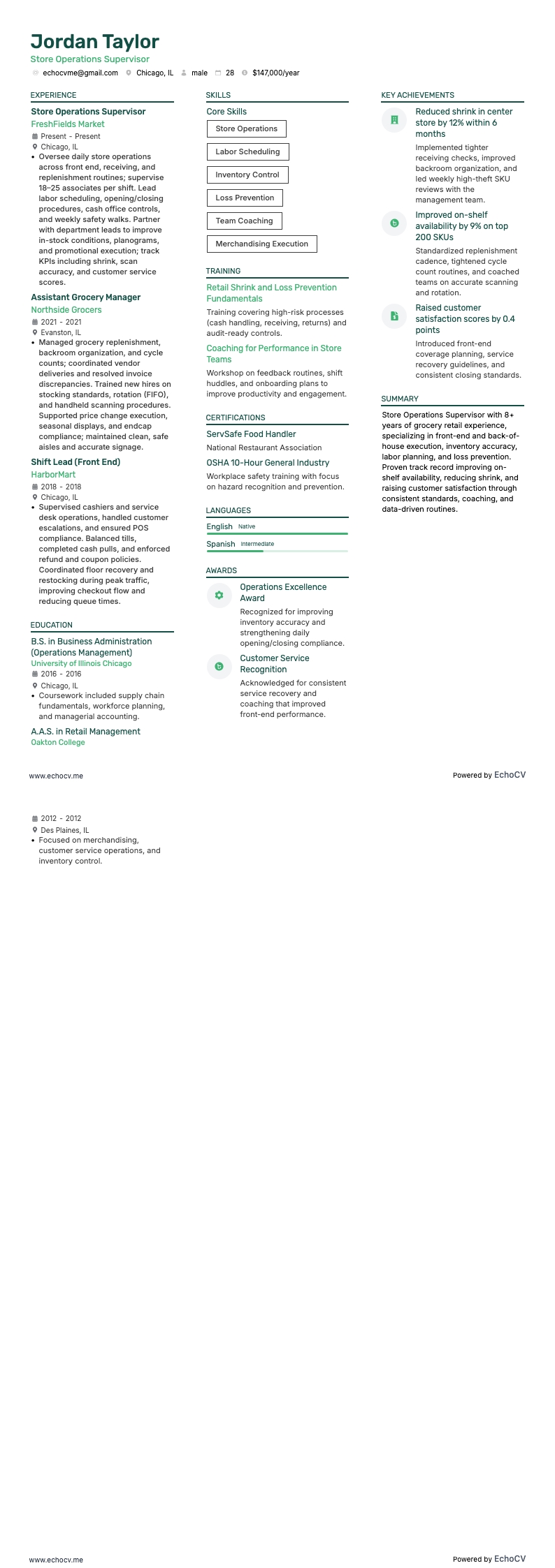 Store Operations Supervisor example resume