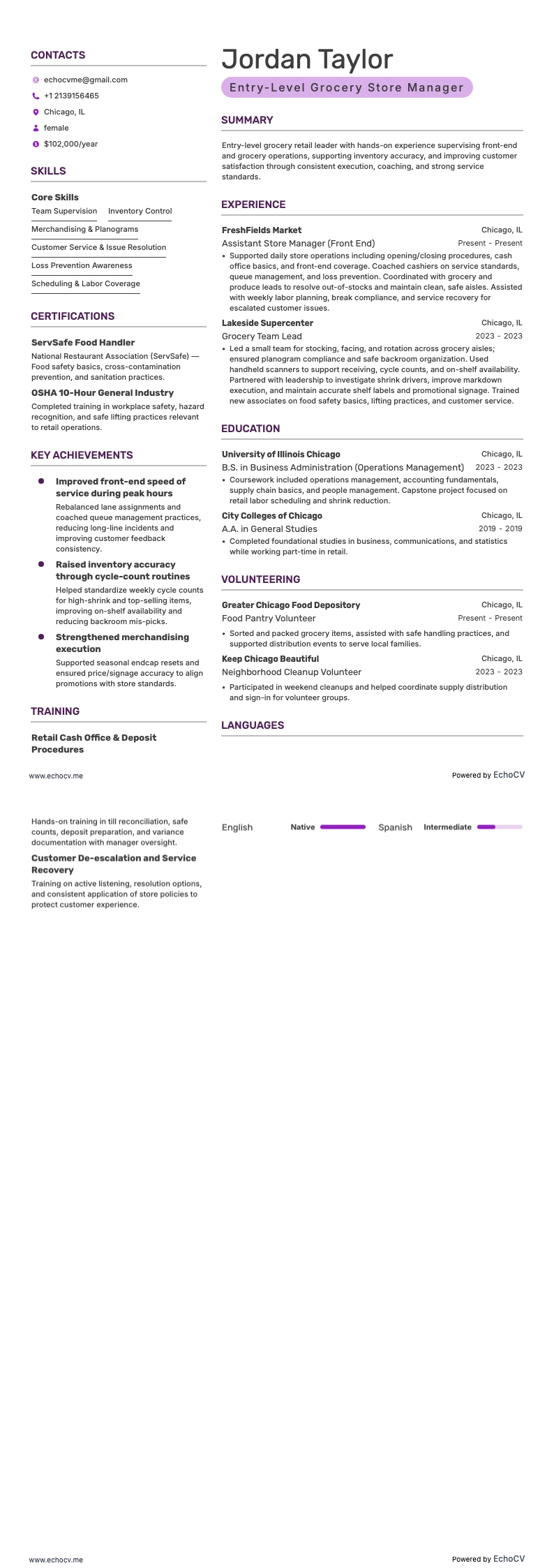Entry-Level Grocery Store Manager example resume