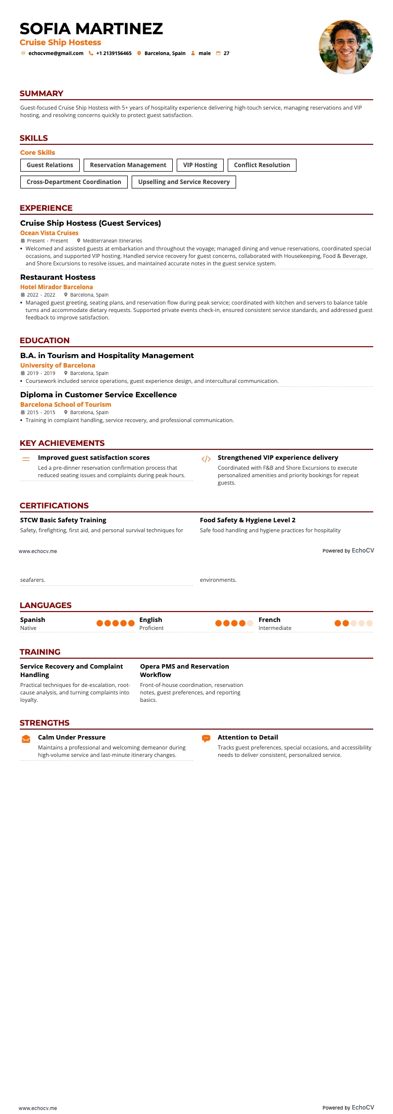 Cruise Ship Hostess example resume