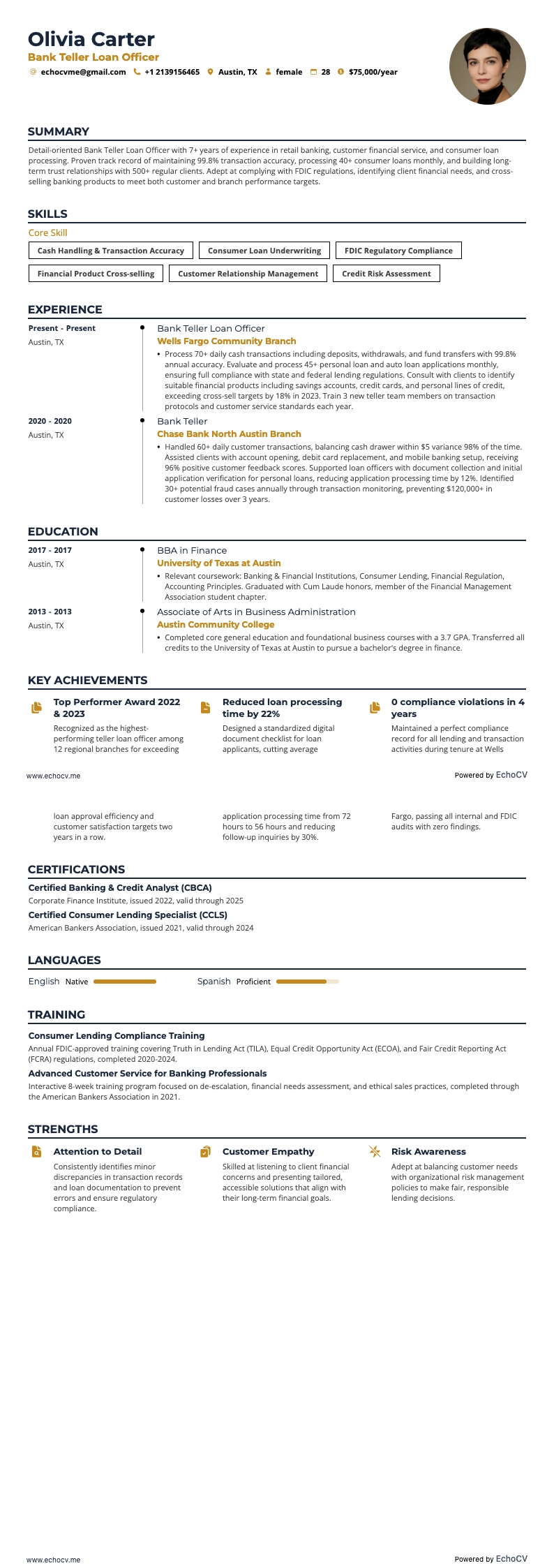 Bank Teller Loan Officer example resume