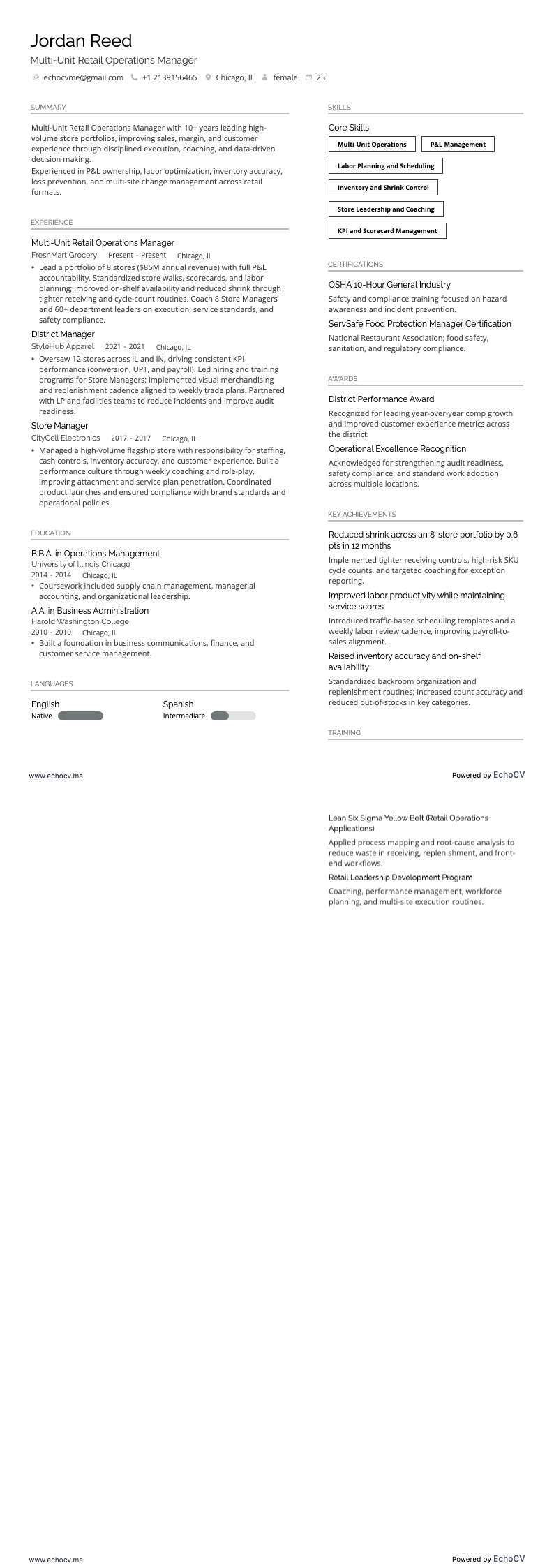 Responsable des opérations retail multi-sites resume example