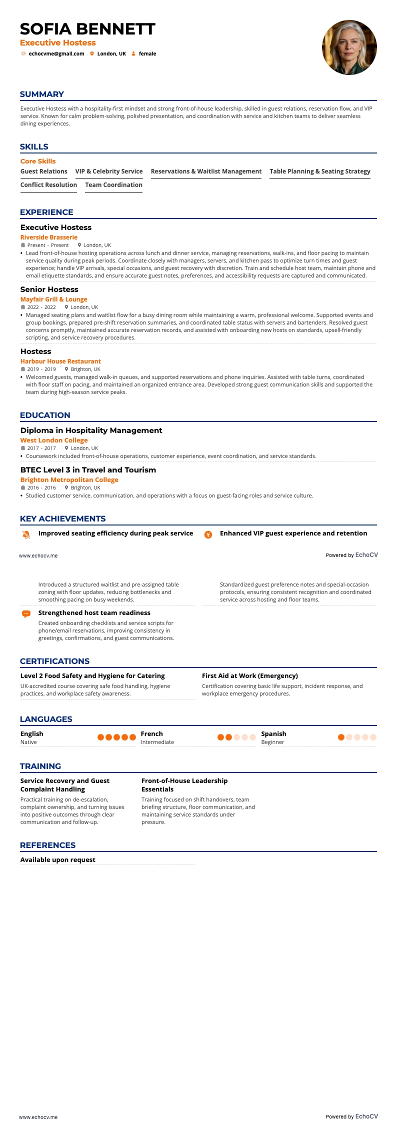 Executive Hostess example resume