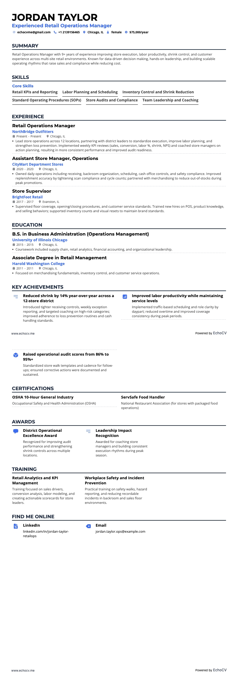 Responsable expérimenté des opérations retail example resume