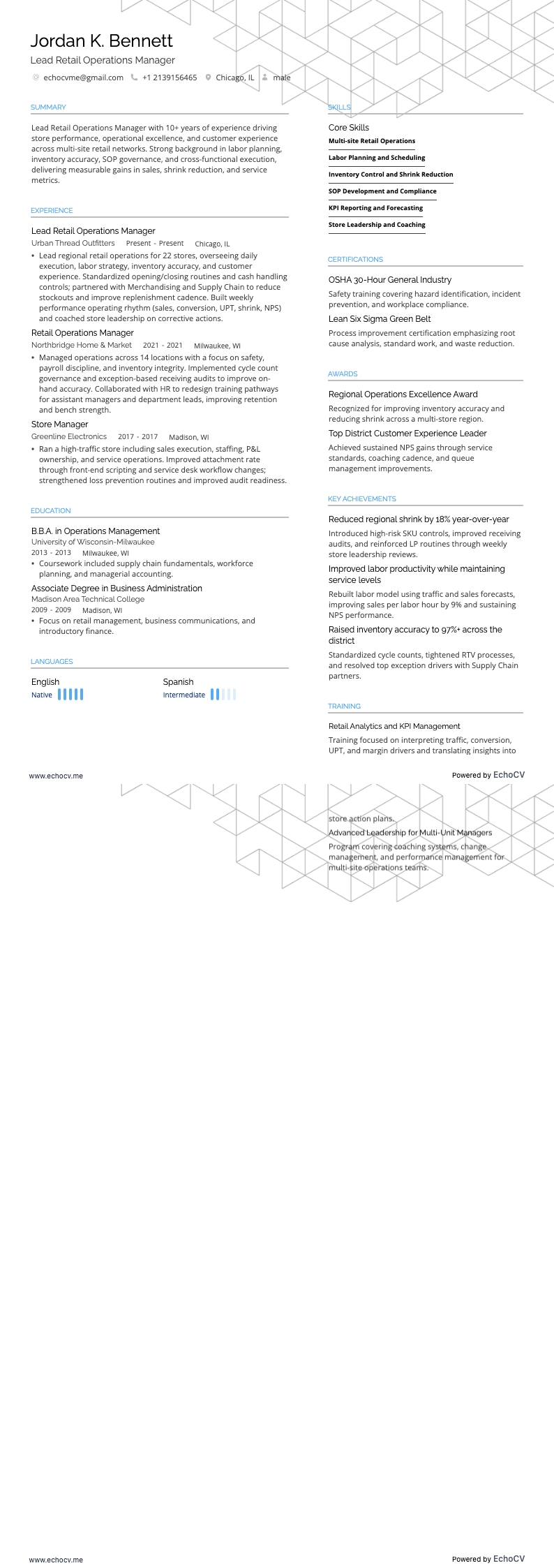 Responsable principal des opérations retail example resume