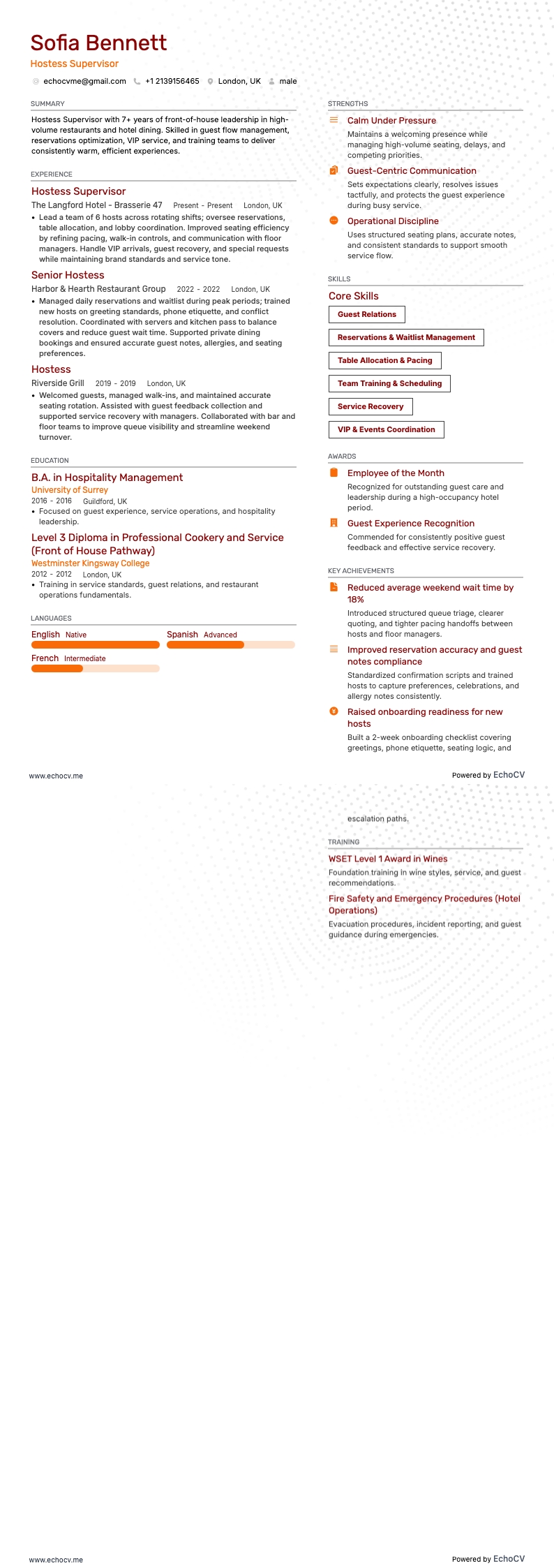 Hostess Supervisor example resume