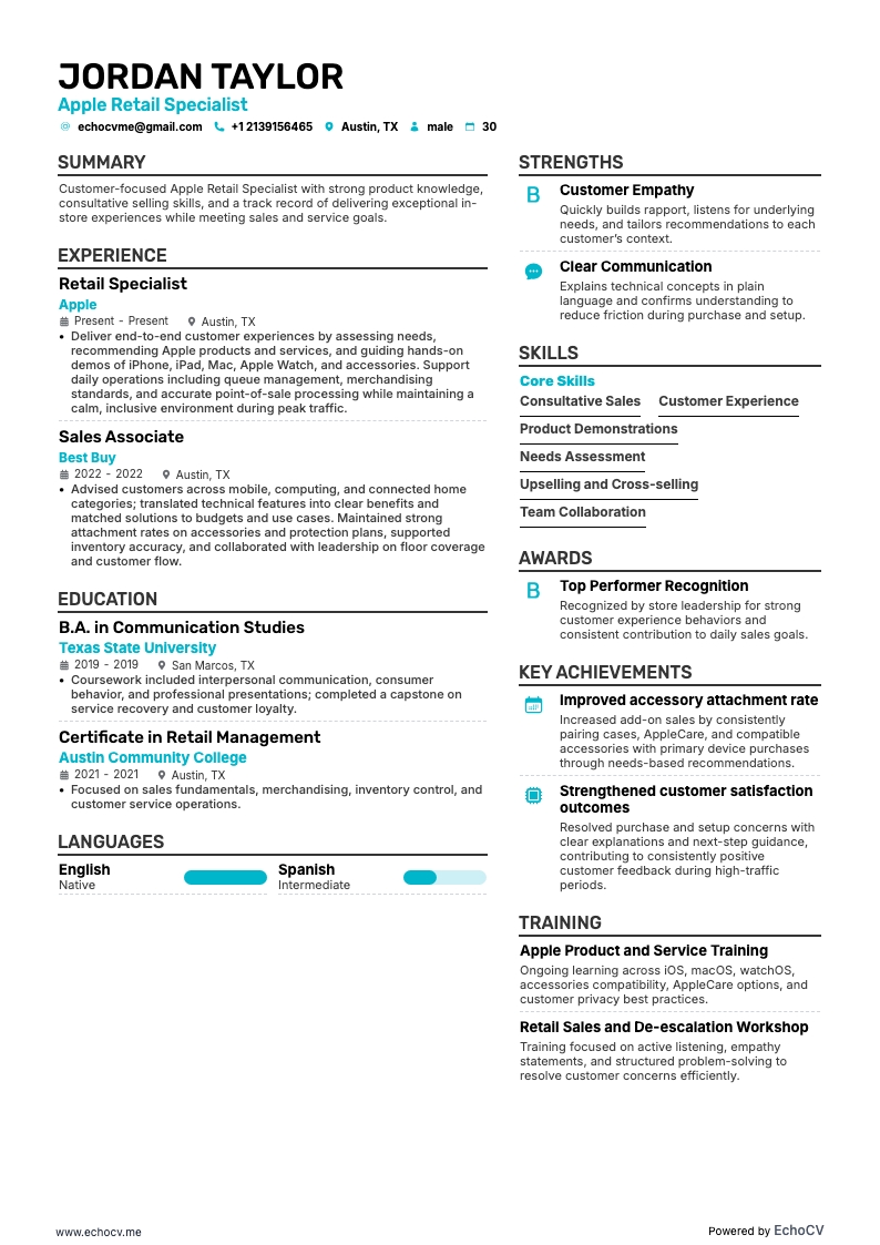 Apple 零售专员 example resume