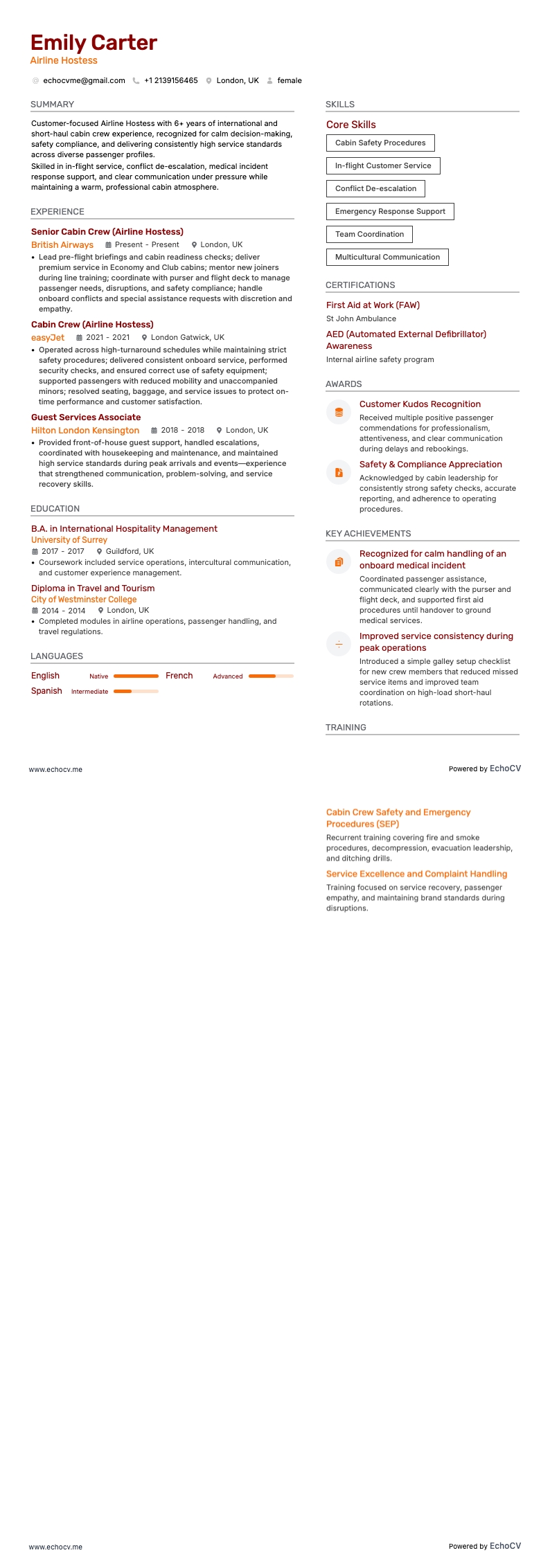 Airline Hostess example resume