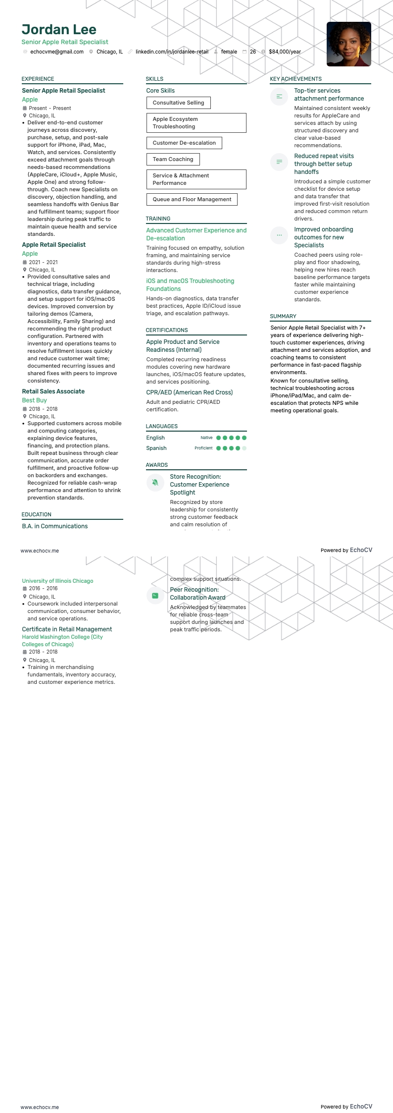 资深Apple零售专员 example resume