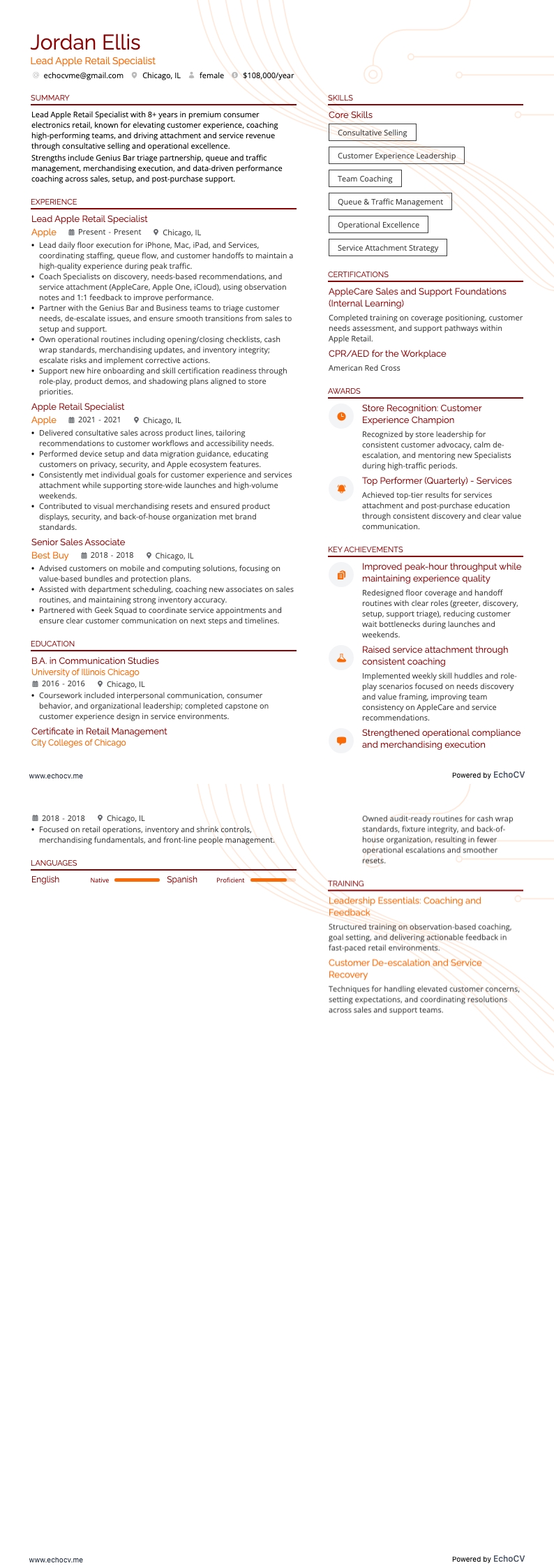 Apple零售高级专员 resume example