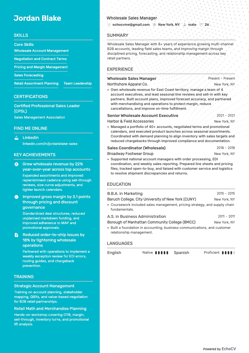 Wholesale Sales Manager example resume