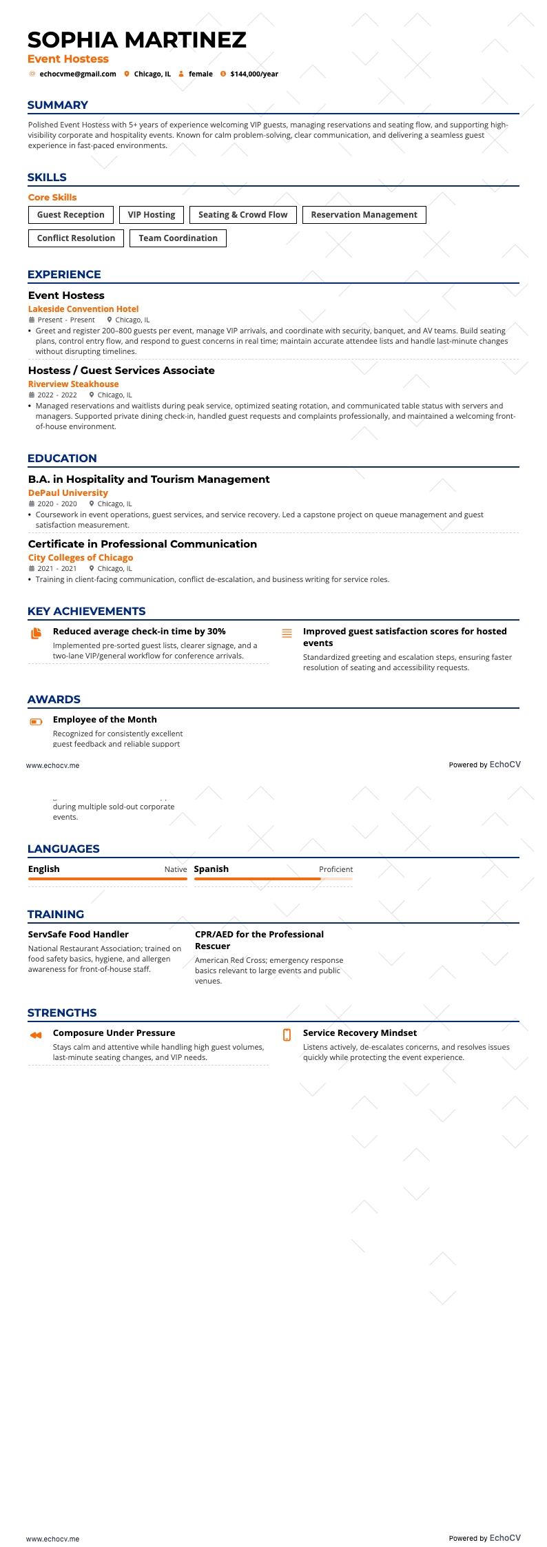 Event Hostess example resume
