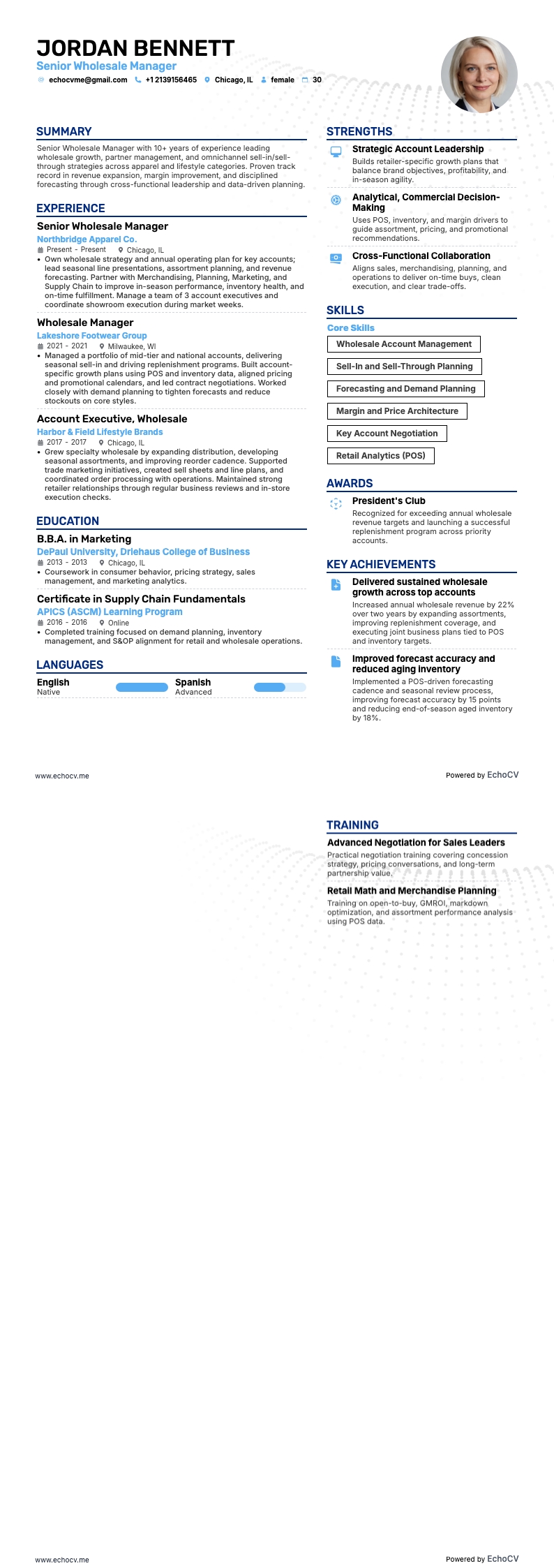 Senior Wholesale Manager example resume