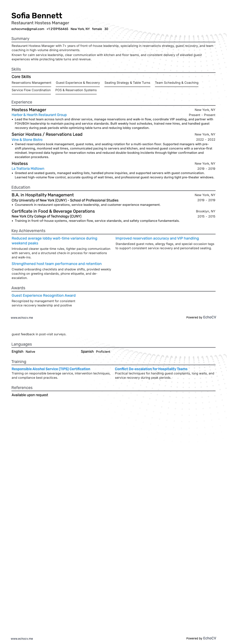 Restaurant Hostess Manager example resume