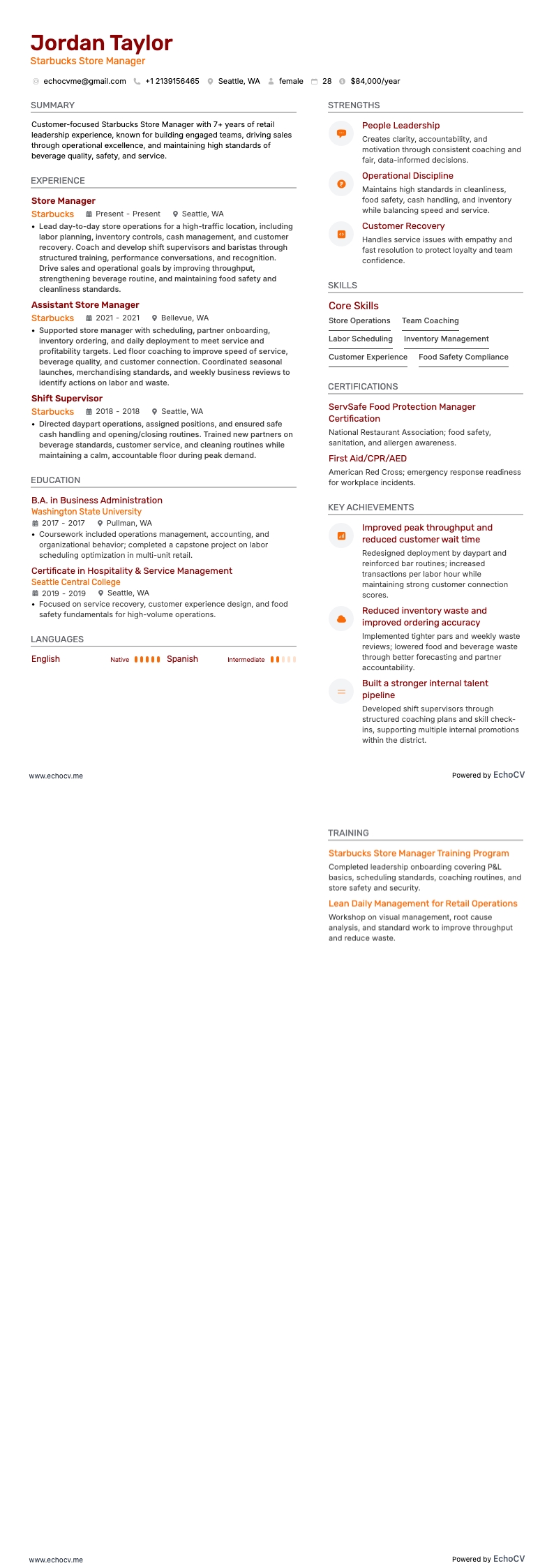 Starbucks Store Manager example resume