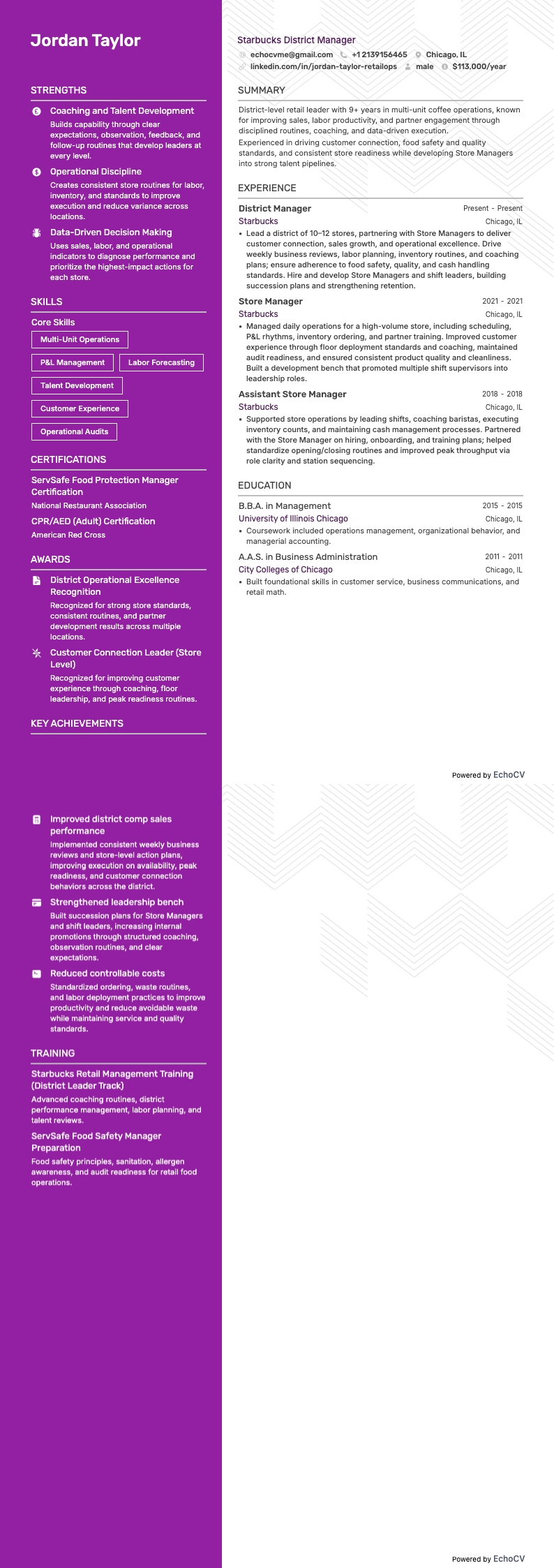 Starbucks District Manager example resume