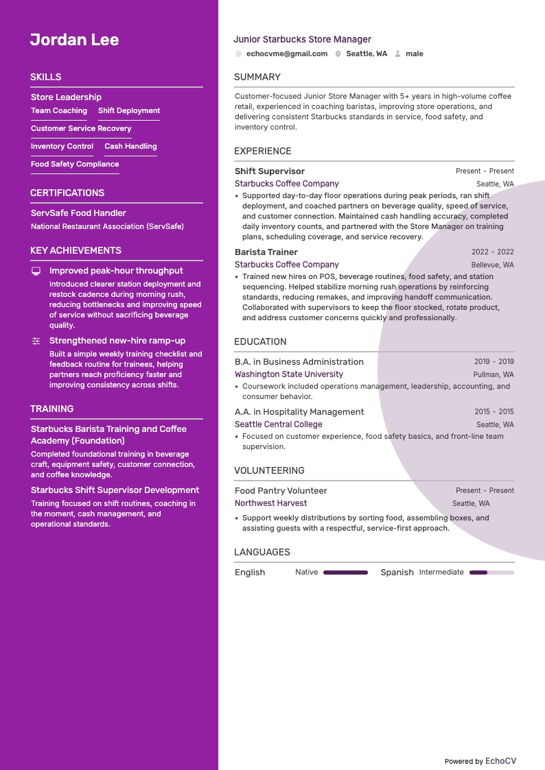 Junior Starbucks Store Manager example resume