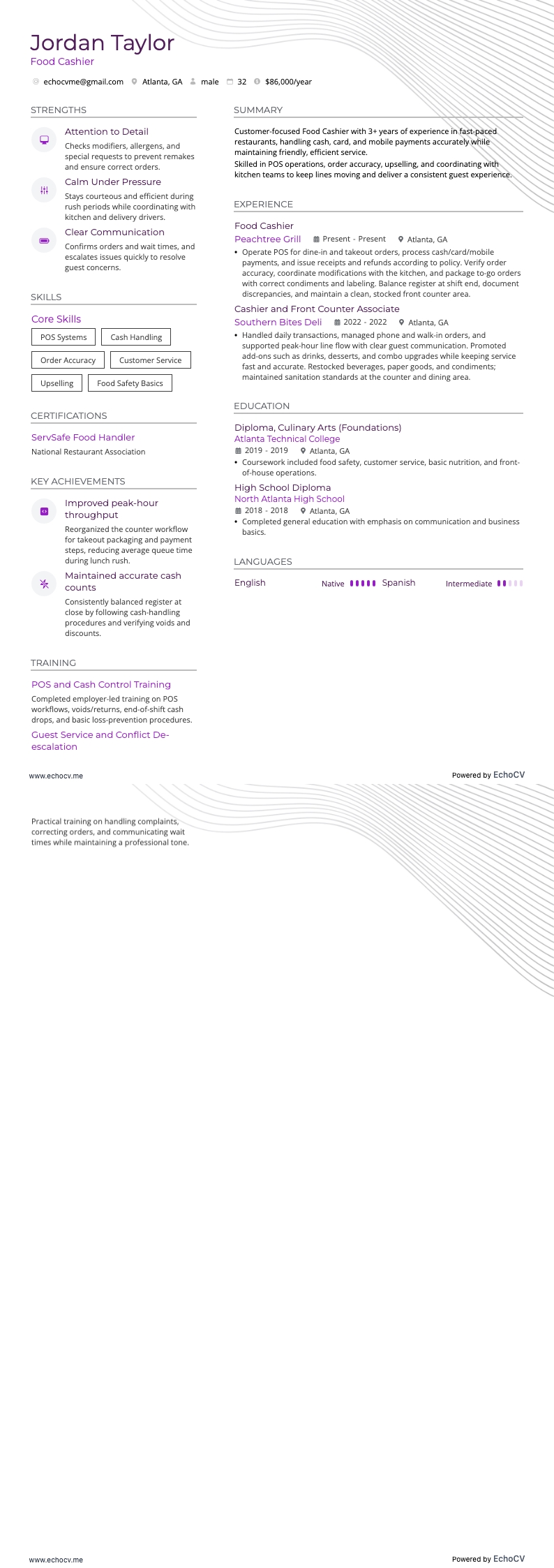 푸드 캐셔 resume example