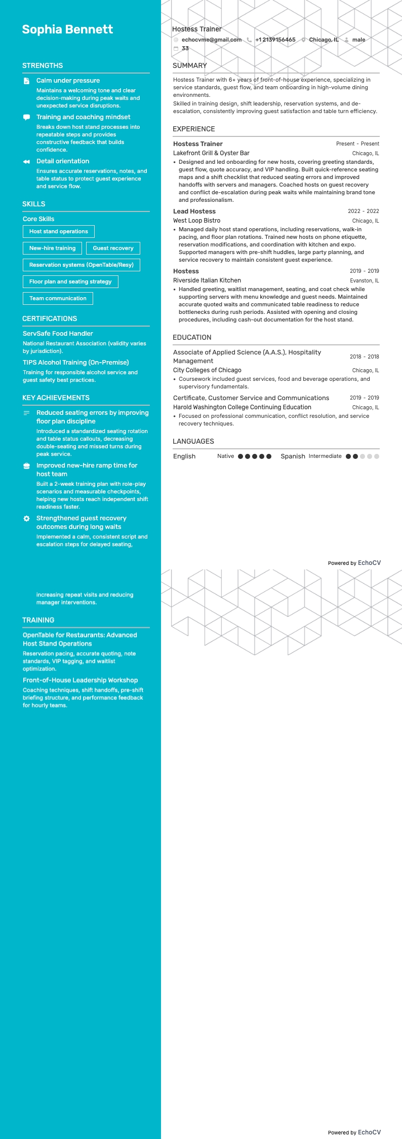 Hostess Trainer example resume