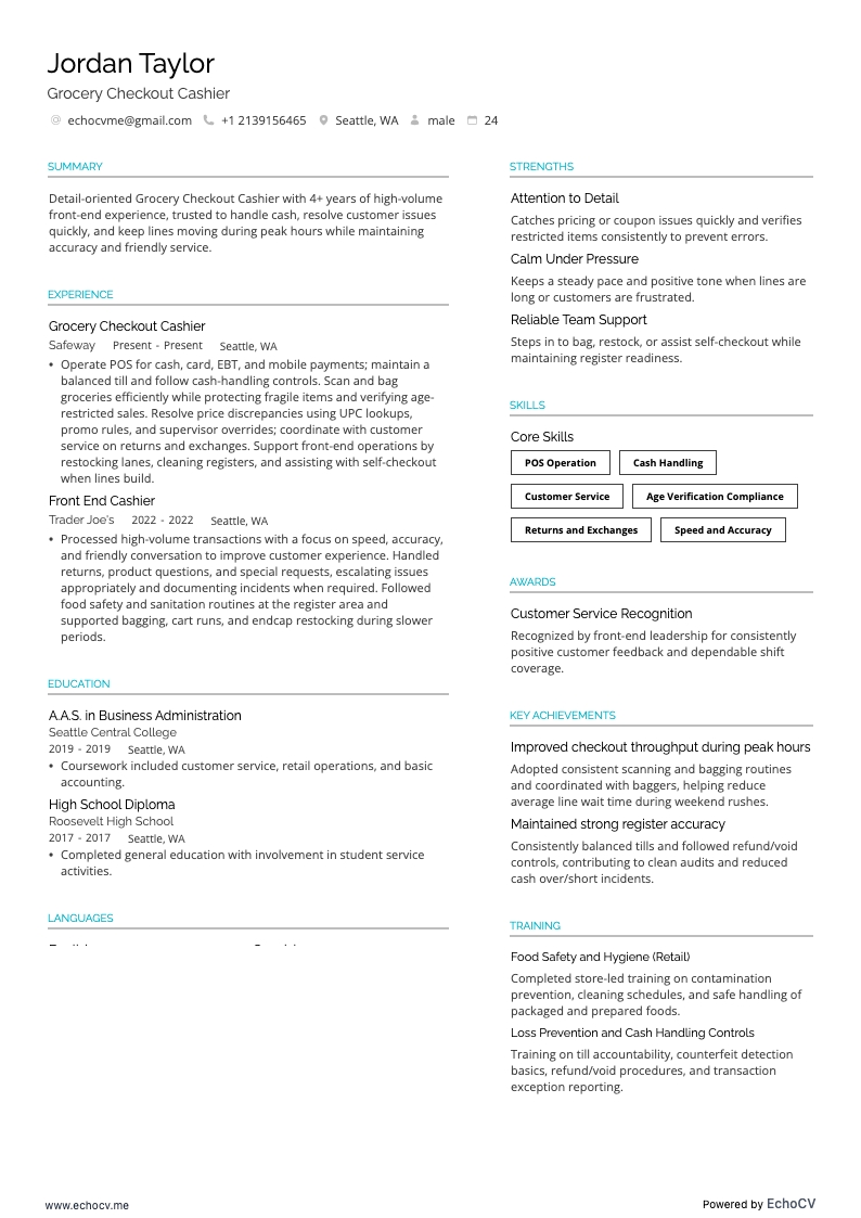 식료품 계산대 계산원 example resume