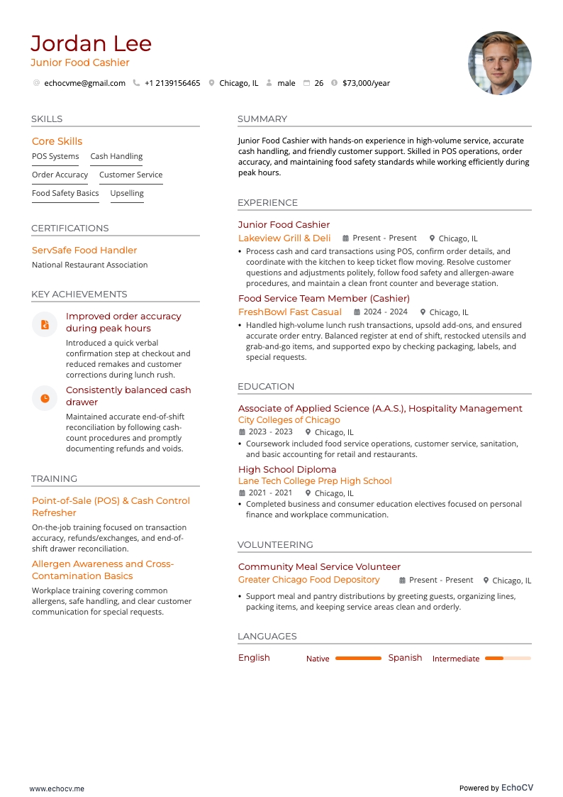 주니어 식품 계산원 example resume