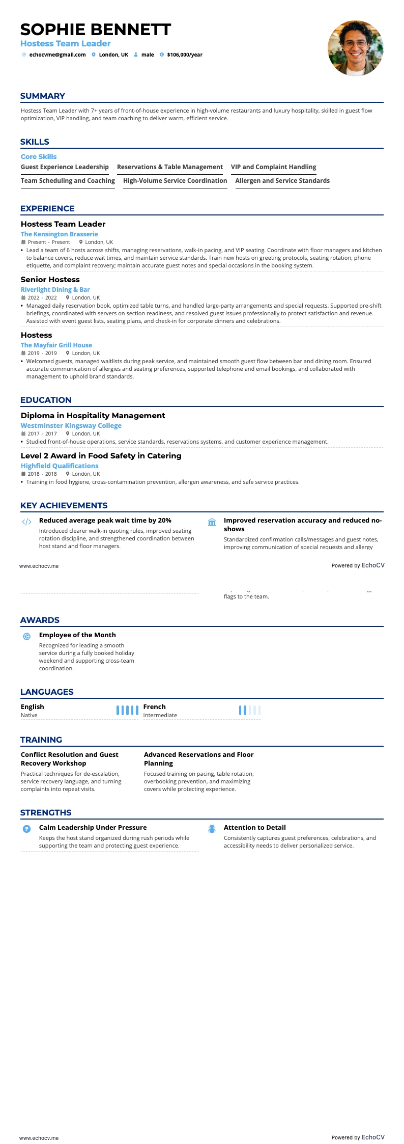 Hostess Team Leader example resume