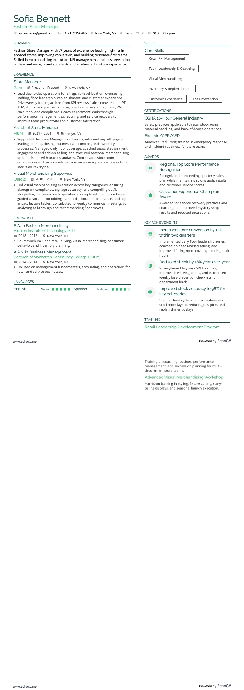 Quản lý cửa hàng thời trang resume example