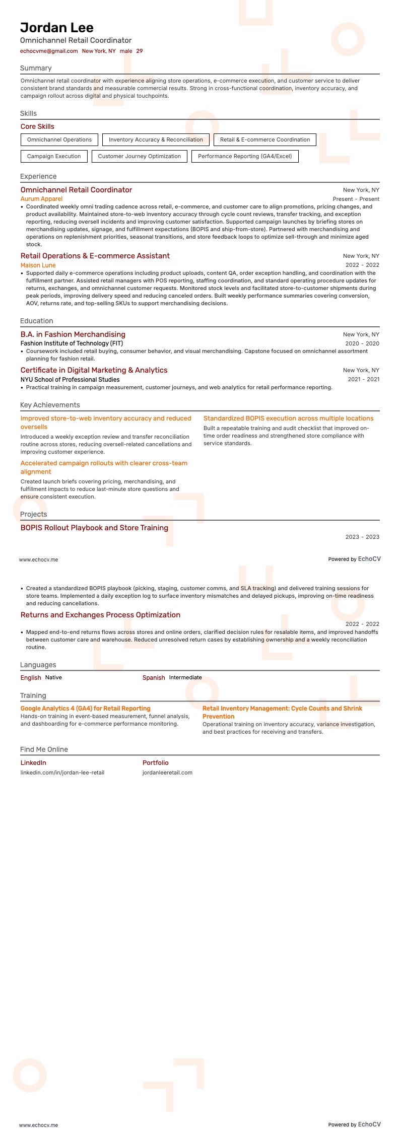 Điều phối viên bán lẻ đa kênh example resume