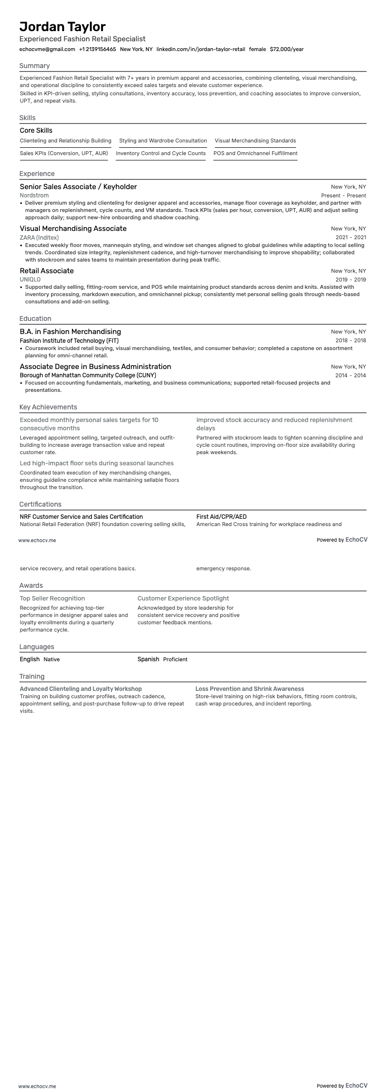 Chuyên viên bán lẻ thời trang giàu kinh nghiệm example resume