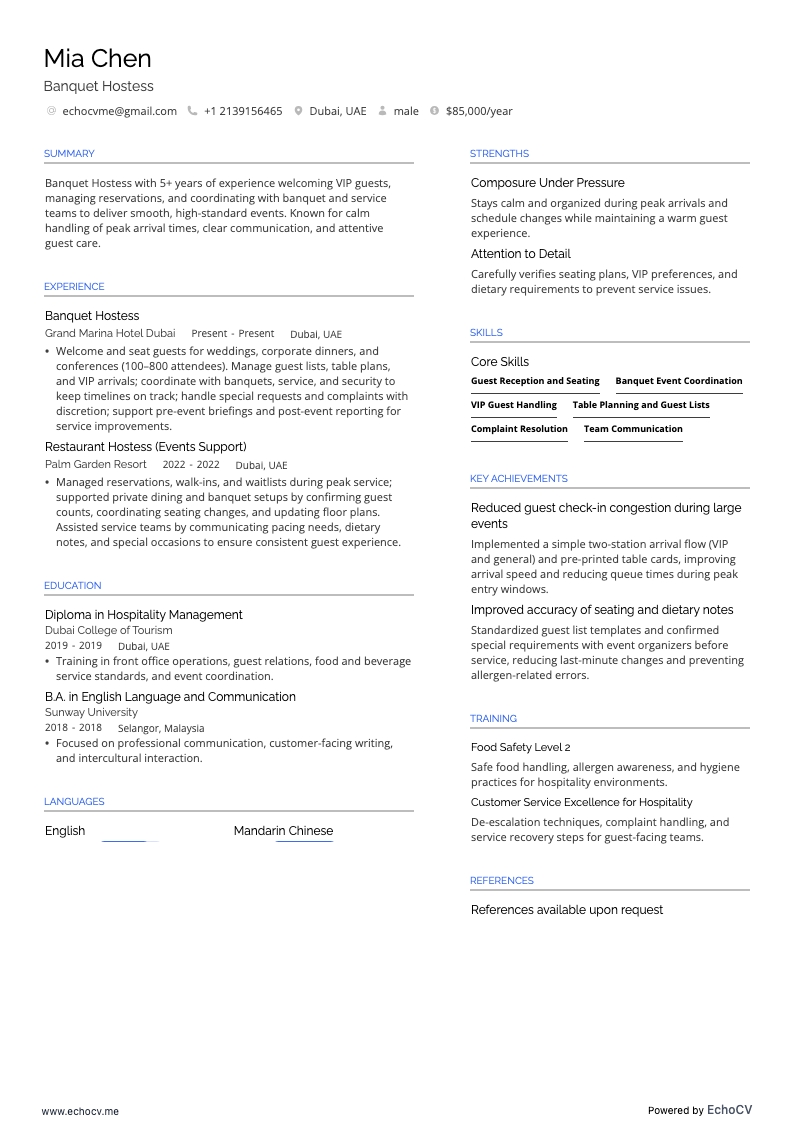 Banquet Hostess example resume