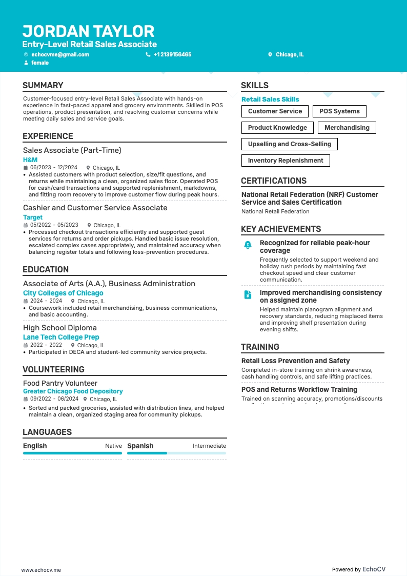Entry-Level Retail Sales Associate example resume