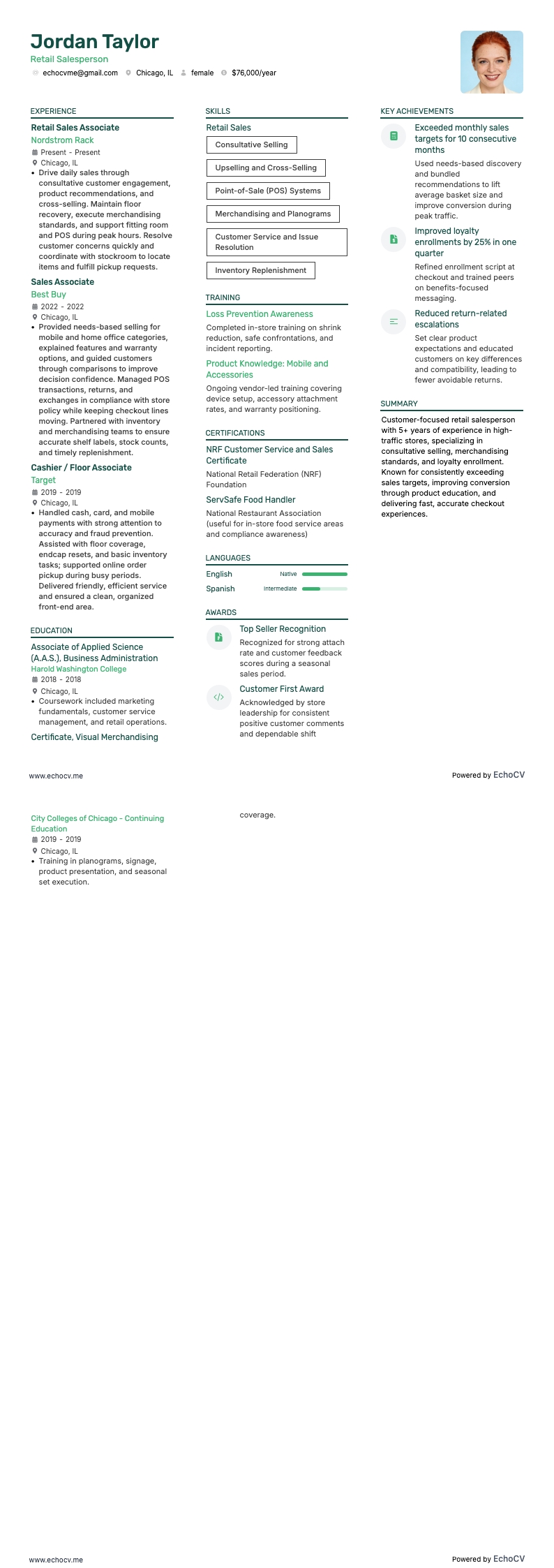 Retail Salesperson example resume