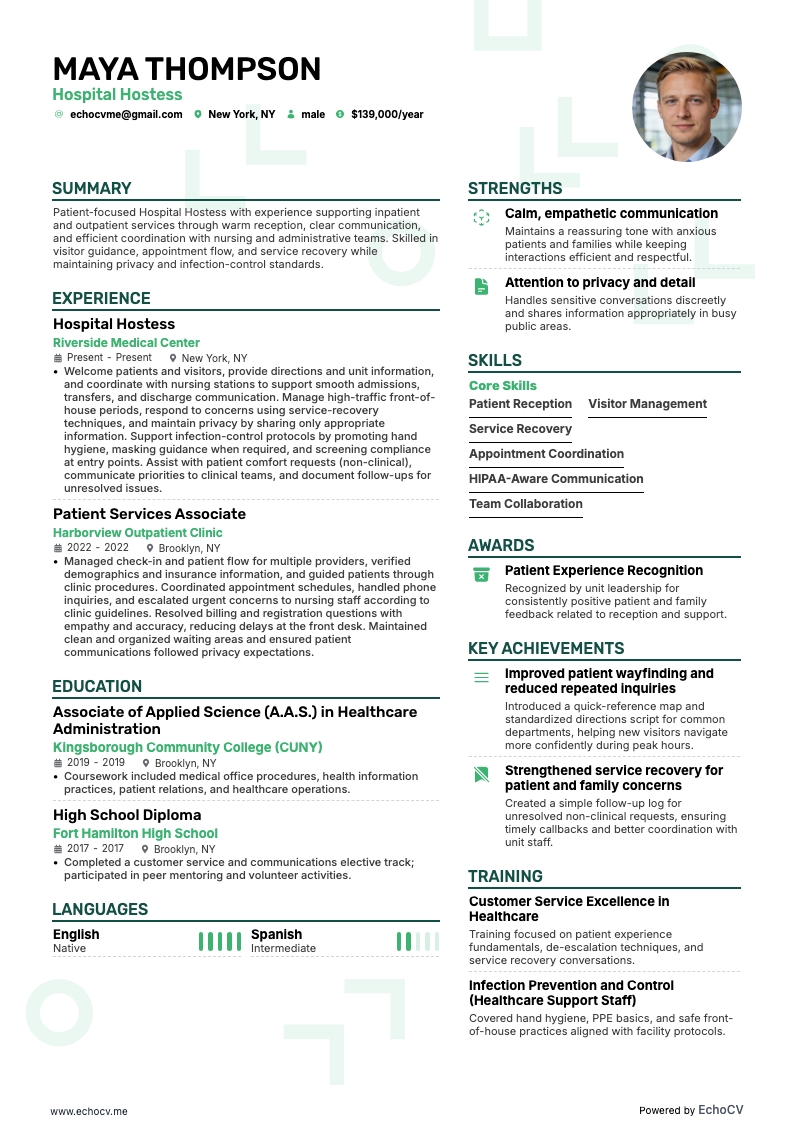 Hospital Hostess example resume