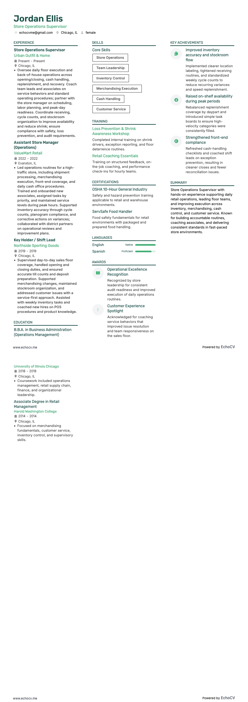 Store Operations Supervisor example resume