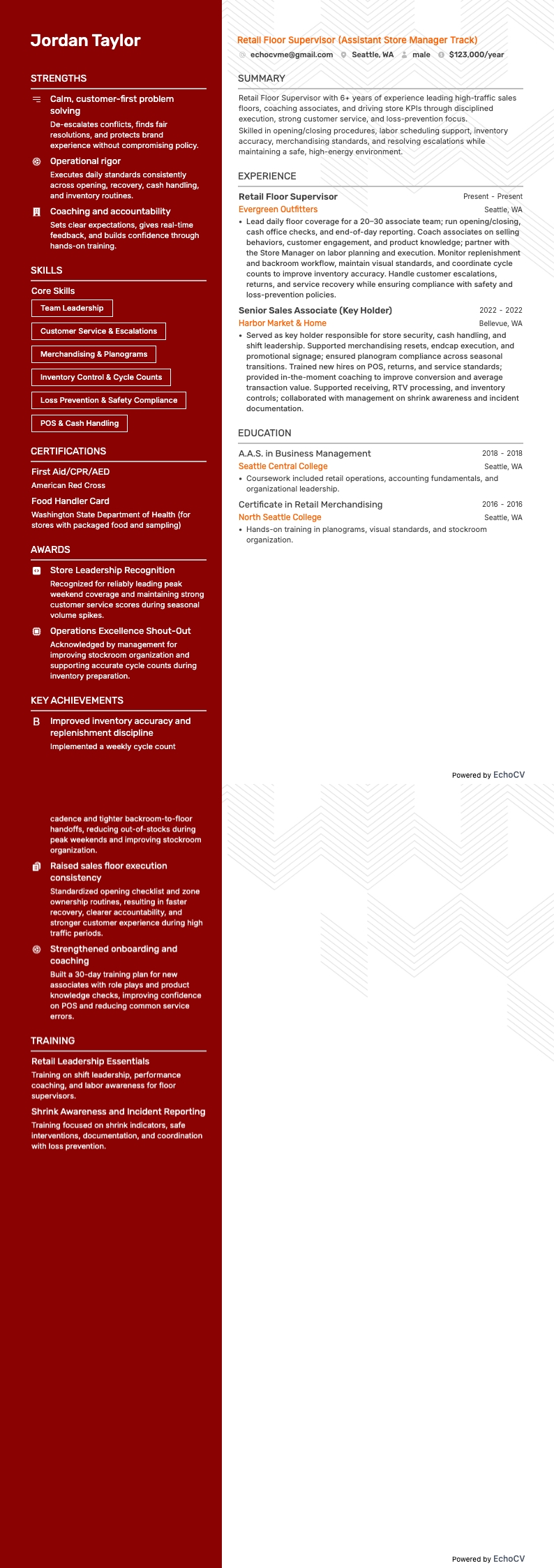 Retail Floor Supervisor example resume