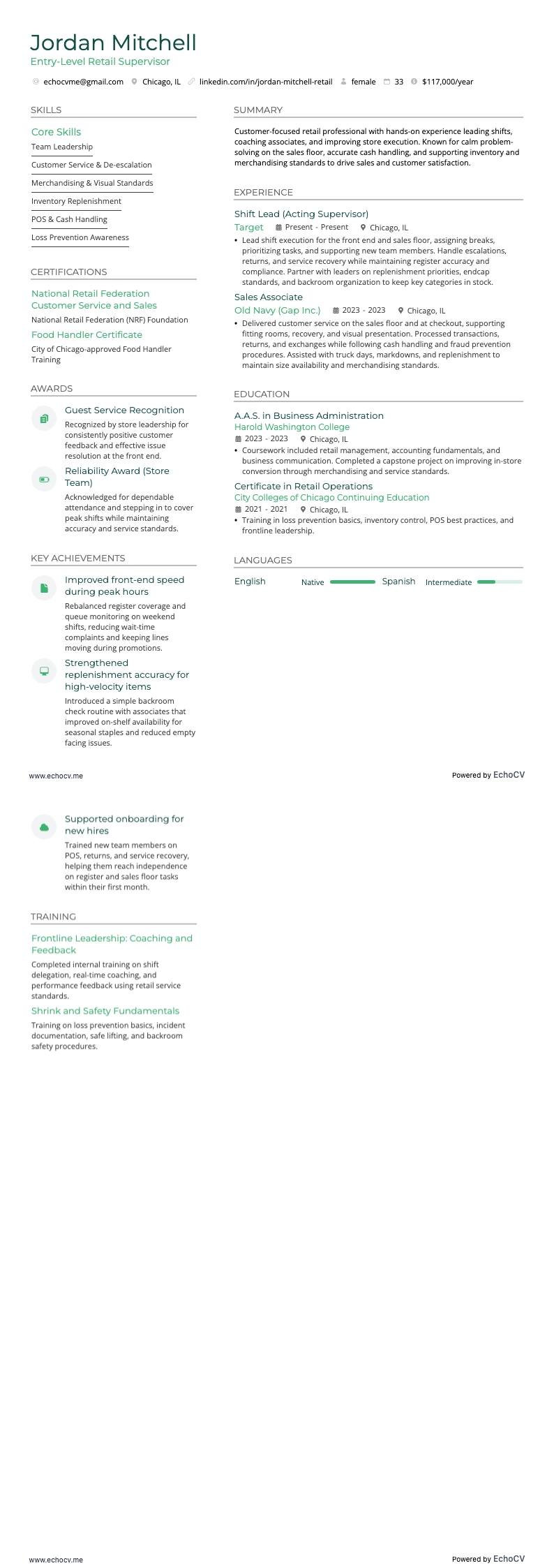Entry-Level Retail Supervisor example resume
