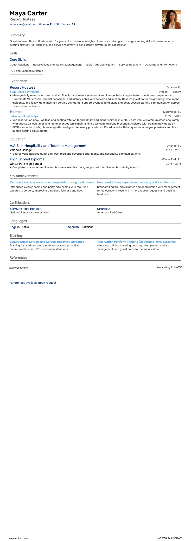 Resort Hostess example resume