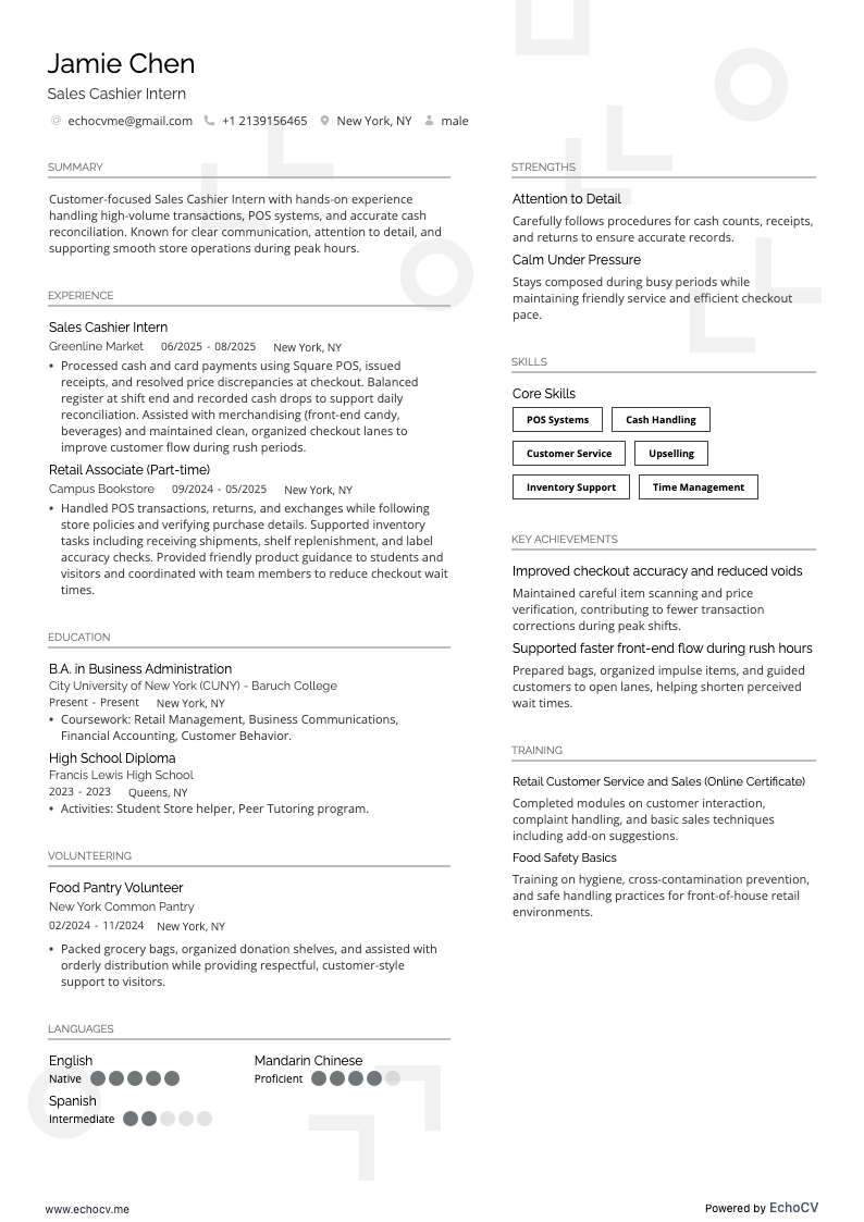 Sales Cashier Intern example resume