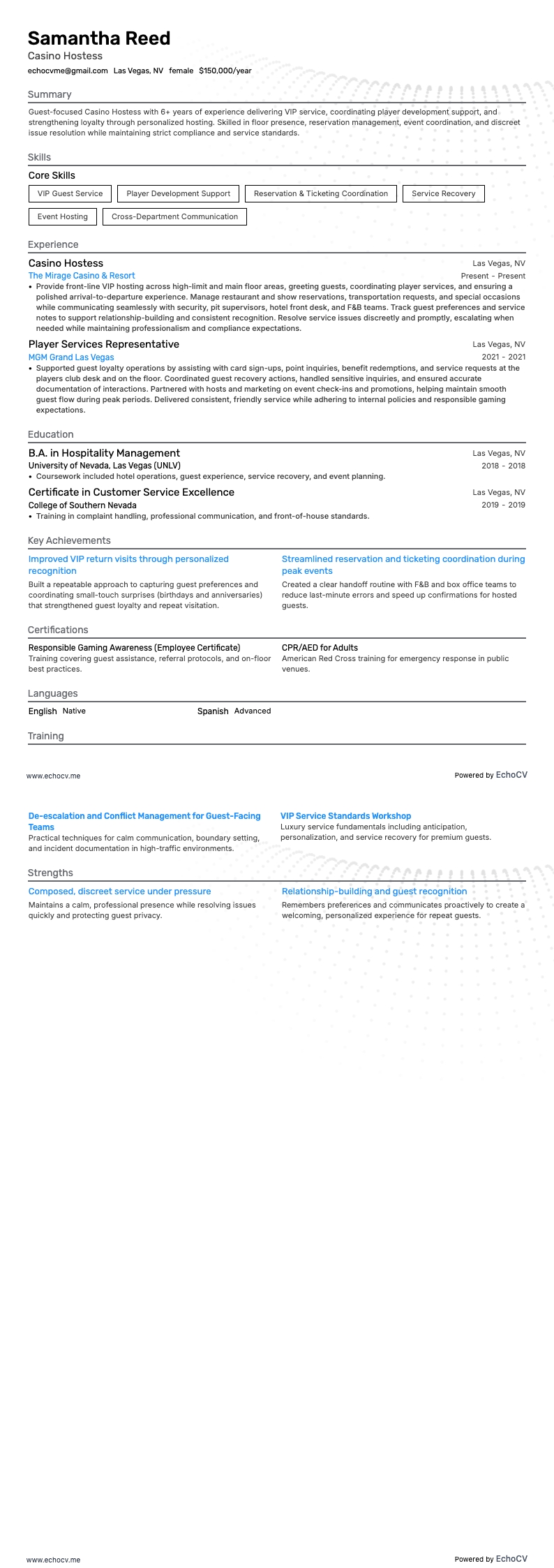 Casino Hostess example resume