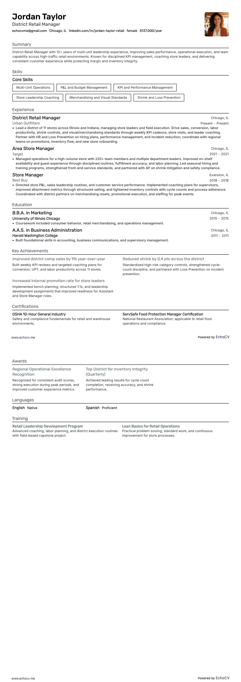 District Retail Manager example resume