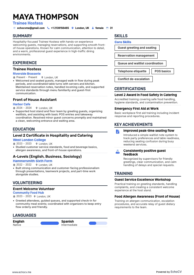 Trainee Hostess example resume