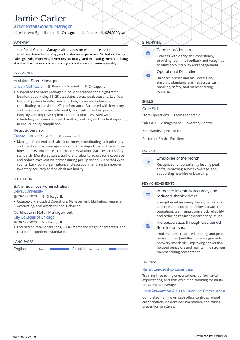 Junior Retail General Manager example resume