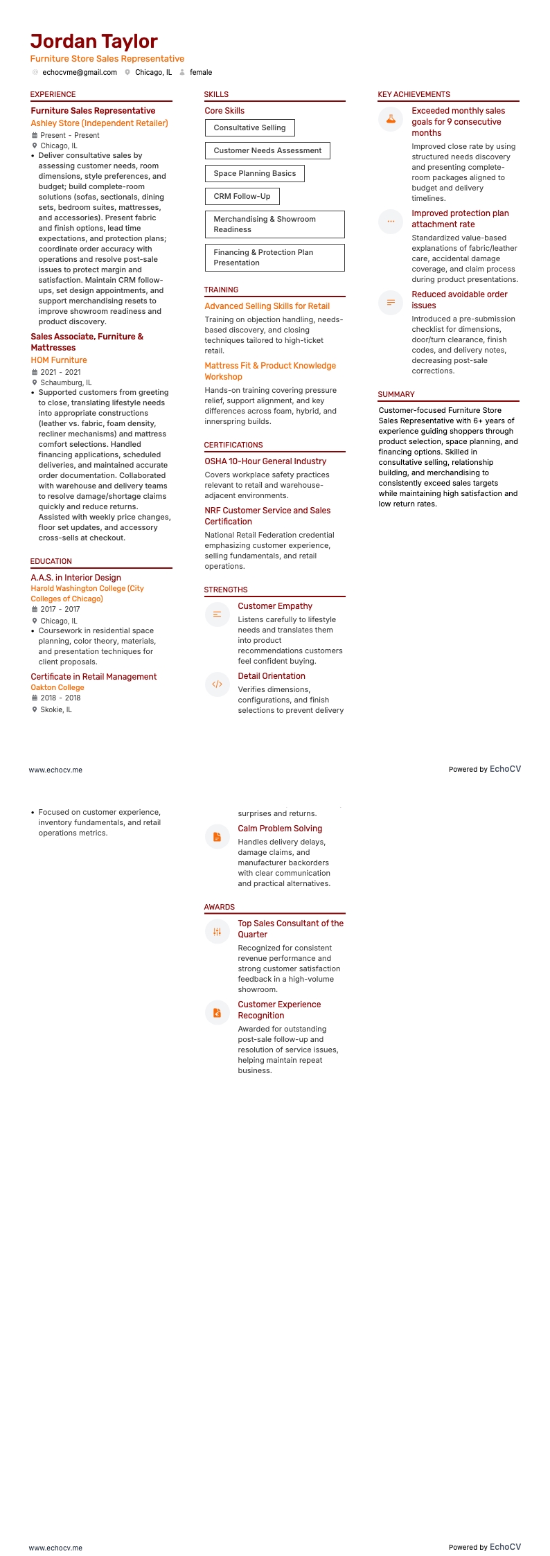 Furniture Store Sales Representative example resume