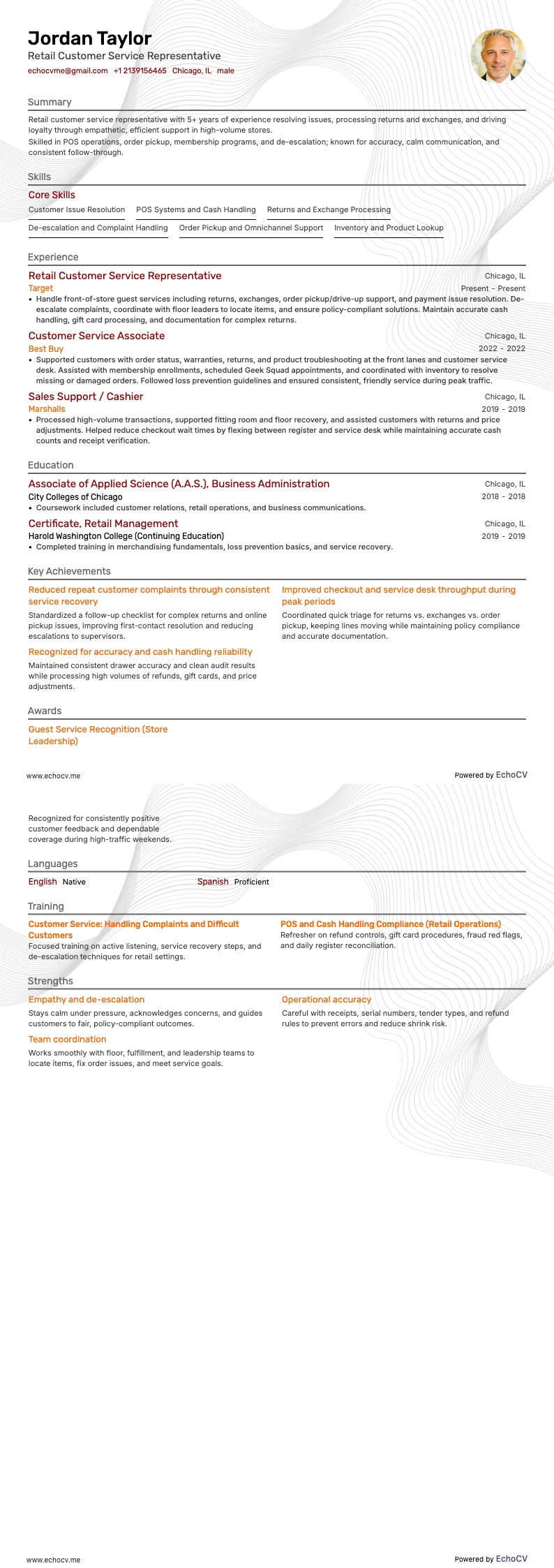 Retail Customer Service Representative example resume